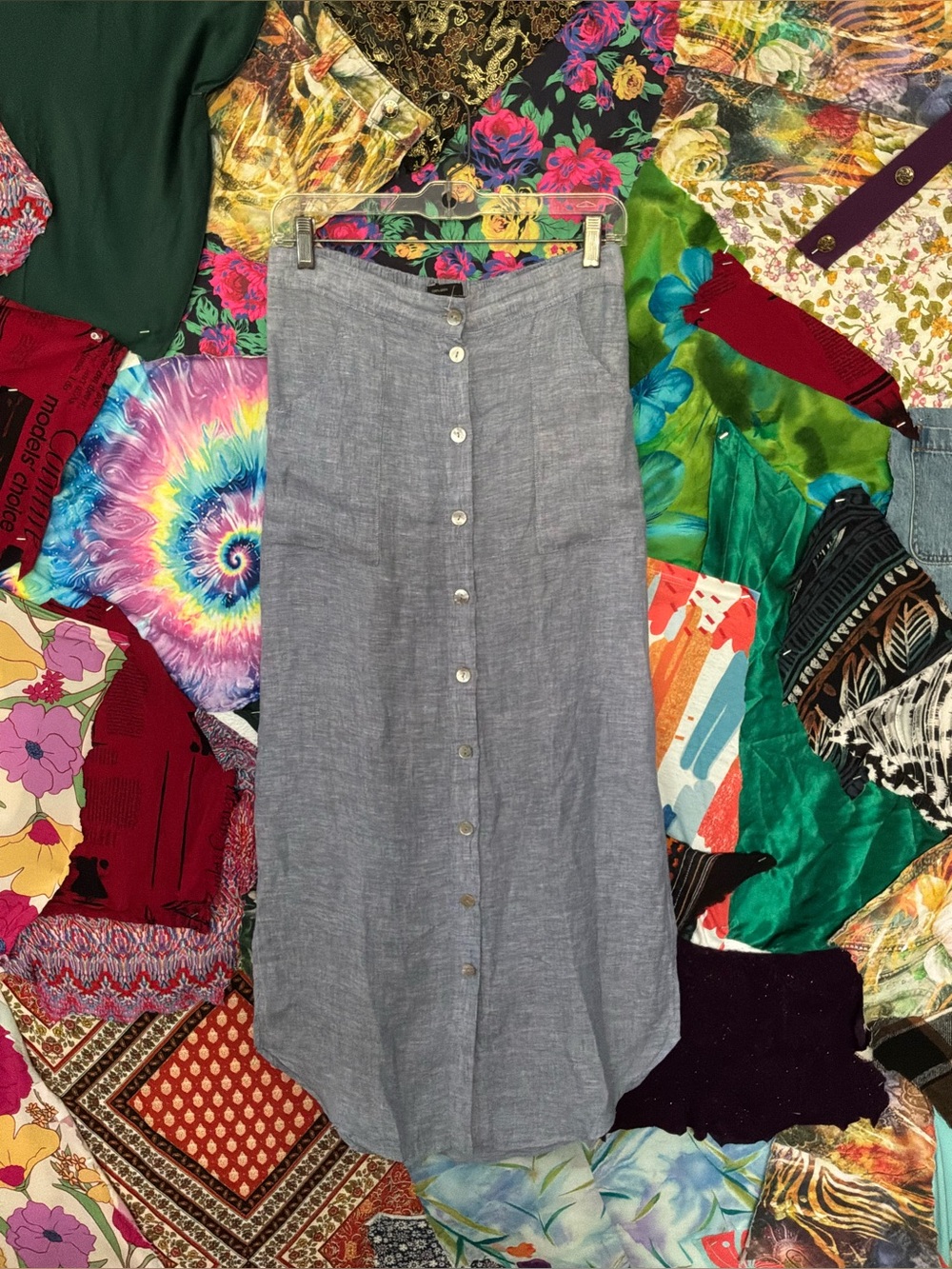 100%linen Button-Front Midi Skirt in Light Blue